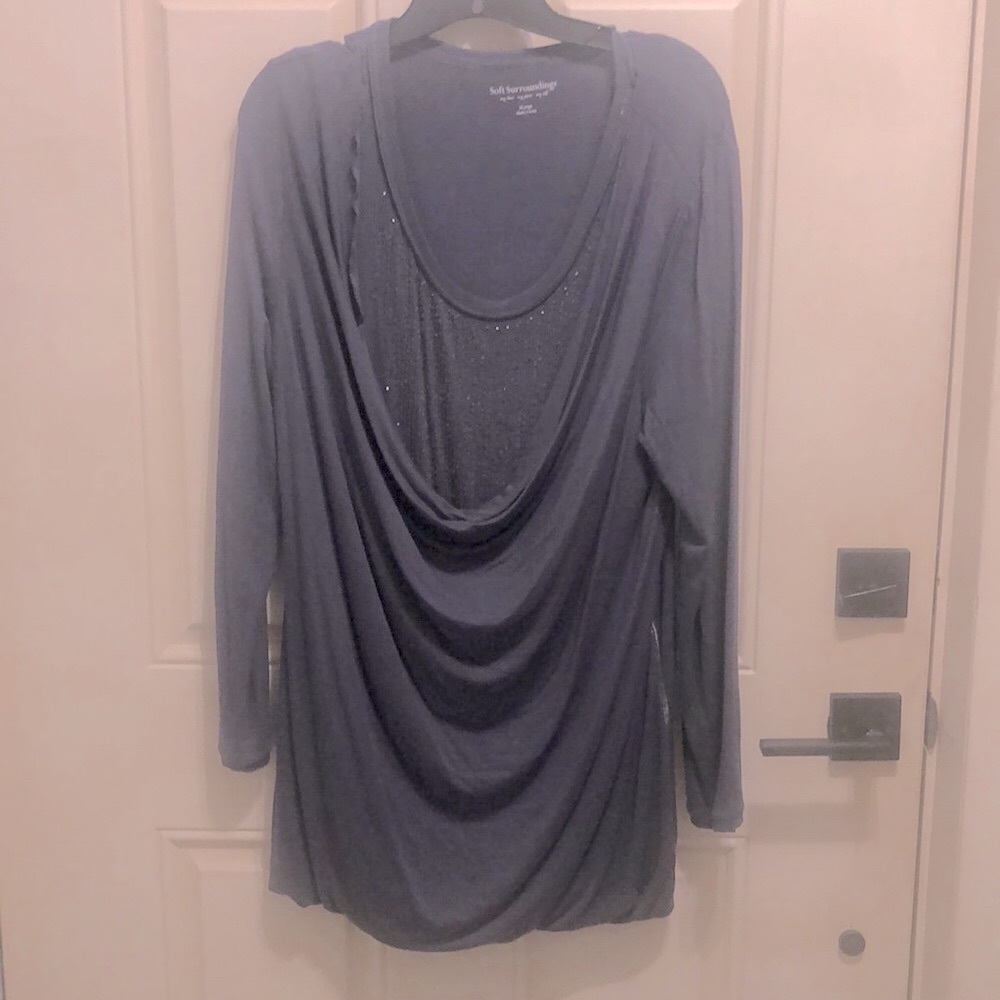 Steel, gray, soft surroundings tunic with many details, including beading.